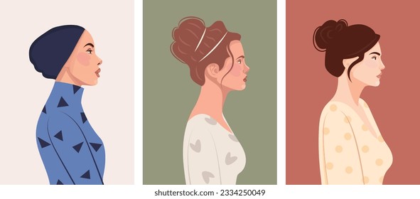 Set of diverse female face portraits of different ethnicity, hairstyles and ages. diversity. Women's empowerment movement. Vector flat illustration, banner or poster. Avatars for social networks.