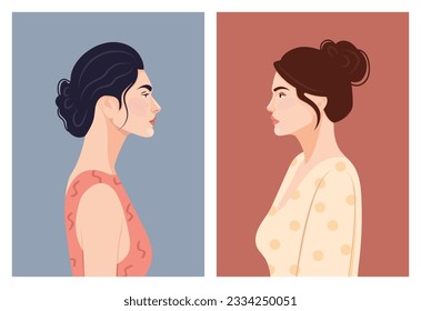 Set of diverse female face portraits of different ethnicity, hairstyles and ages. diversity. Women's empowerment movement. Vector flat illustration, banner or poster. Avatars for social networks.