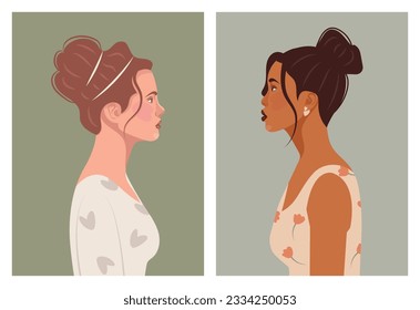 Set of diverse female face portraits of different ethnicity, hairstyles and ages. diversity. Women's empowerment movement. Vector flat illustration, banner or poster. Avatars for social networks.