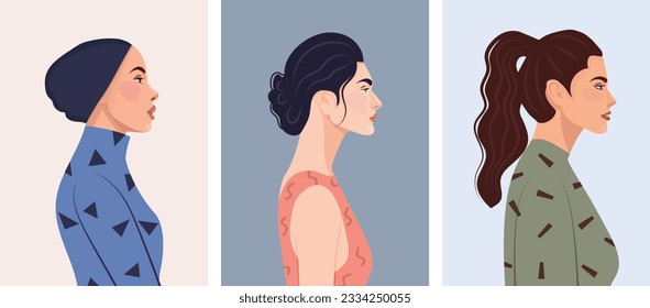 Set of diverse female face portraits of different ethnicity, hairstyles and ages. diversity. Women's empowerment movement. Vector flat illustration, banner or poster. Avatars for social networks.