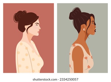 Set of diverse female face portraits of different ethnicity, hairstyles and ages. diversity. Women's empowerment movement. Vector flat illustration, banner or poster. Avatars for social networks.