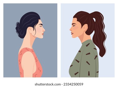 Set of diverse female face portraits of different ethnicity, hairstyles and ages. diversity. Women's empowerment movement. Vector flat illustration, banner or poster. Avatars for social networks.