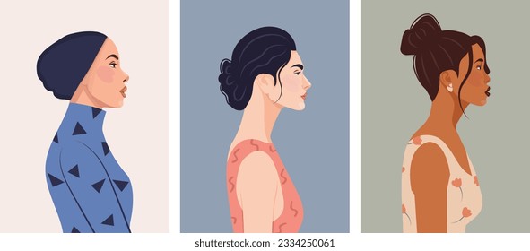 Set of diverse female face portraits of different ethnicity, hairstyles and ages. diversity. Women's empowerment movement. Vector flat illustration, banner or poster. Avatars for social networks.