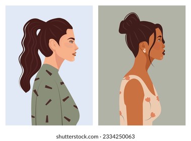 Set of diverse female face portraits of different ethnicity, hairstyles and ages. diversity. Women's empowerment movement. Vector flat illustration, banner or poster. Avatars for social networks.