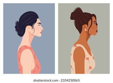 Set of diverse female face portraits of different ethnicity, hairstyles and ages. diversity. Women's empowerment movement. Vector flat illustration, banner or poster. Avatars for social networks.