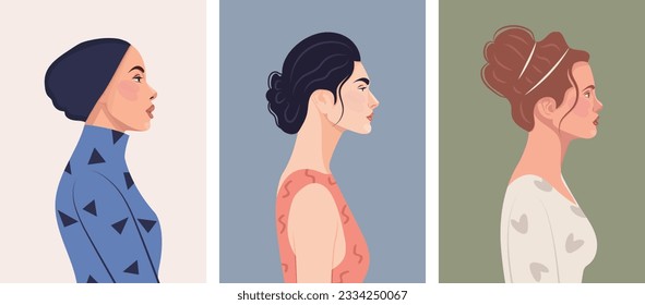 Set of diverse female face portraits of different ethnicity, hairstyles and ages. diversity. Women's empowerment movement. Vector flat illustration, banner or poster. Avatars for social networks.