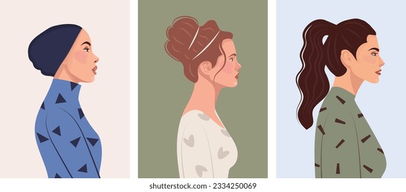 Set of diverse female face portraits of different ethnicity, hairstyles and ages. diversity. Women's empowerment movement. Vector flat illustration, banner or poster. Avatars for social networks.