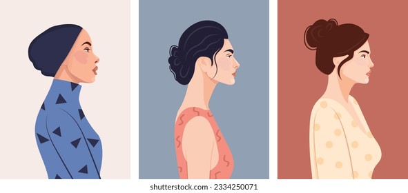 Set of diverse female face portraits of different ethnicity, hairstyles and ages. diversity. Women's empowerment movement. Vector flat illustration, banner or poster. Avatars for social networks.