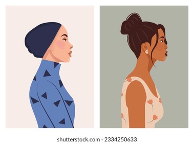 Set of diverse female face portraits of different ethnicity, hairstyles and ages. diversity. Women's empowerment movement. Vector flat illustration, banner or poster. Avatars for social networks.