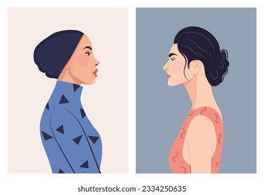 Set of diverse female face portraits of different ethnicity, hairstyles and ages. diversity. Women's empowerment movement. Vector flat illustration, banner or poster. Avatars for social networks.