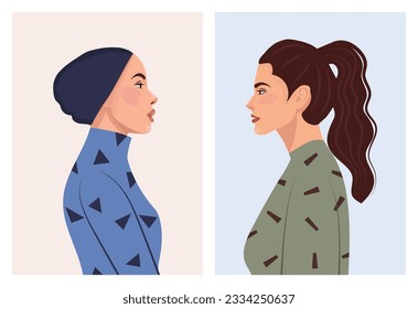 Set of diverse female face portraits of different ethnicity, hairstyles and ages. diversity. Women's empowerment movement. Vector flat illustration, banner or poster. Avatars for social networks.