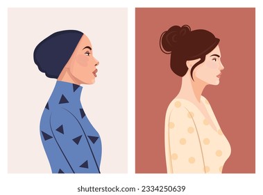 Set of diverse female face portraits of different ethnicity, hairstyles and ages. diversity. Women's empowerment movement. Vector flat illustration, banner or poster. Avatars for social networks.