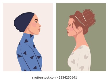 Set of diverse female face portraits of different ethnicity, hairstyles and ages. diversity. Women's empowerment movement. Vector flat illustration, banner or poster. Avatars for social networks.