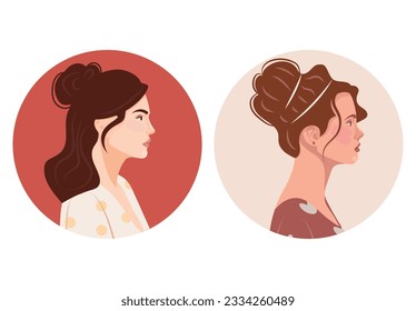 Set of diverse female face portraits of different ethnicity, hairstyles and ages with round shapes. diversity. Women's empowerment movement. Vector flat illustration, banner or poster.