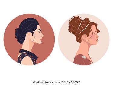 Set of diverse female face portraits of different ethnicity, hairstyles and ages with round shapes. diversity. Women's empowerment movement. Vector flat illustration, banner or poster.