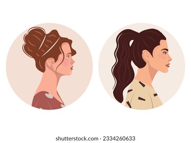 Set of diverse female face portraits of different ethnicity, hairstyles and ages with round shapes. diversity. Women's empowerment movement. Vector flat illustration, banner or poster.