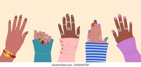 Set of diverse female hands with colored manicure and rings. Hand drawn vector illustration isolated on light background, flat cartoon style.