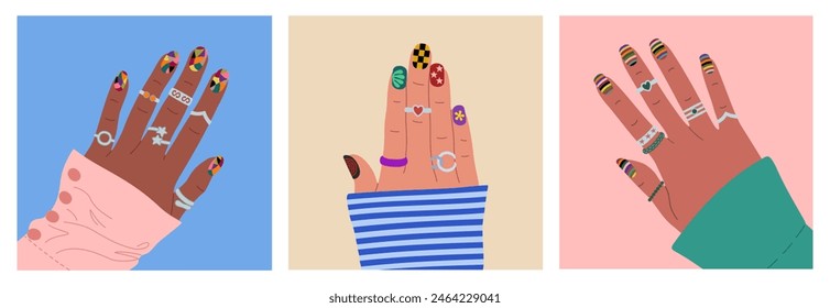 Set of diverse female hands with colored manicure and rings. Hand drawn vector illustration isolated on colored background, flat cartoon style.