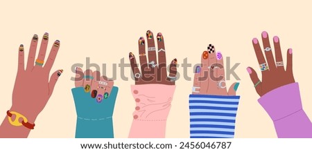 Set of diverse female hands with colored manicure and rings. Hand drawn vector illustration isolated on light background, flat cartoon style.