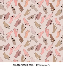 Set of diverse female hands in various gestures, color pattern. Collage of contemporary art.