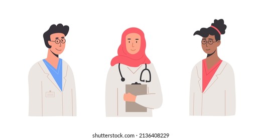 Set of diverse female and male doctor physician, practitioner, paramedic holding medical history notepad and stethoscope. Health care hospital workers and therapist. Vector isolated illustration.