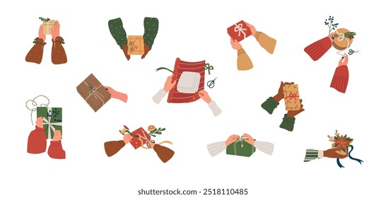 Conjunto de diversas manos femeninas y masculinas que sostienen cajas de regalo de Navidad, regalos, preparación para las vacaciones. Envoltura de armas, preparación de regalos, recuerdos de año nuevo. Ilustraciones vectoriales aisladas en blanco.