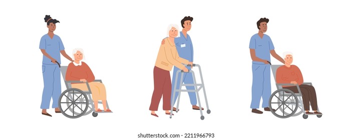 Set of diverse female and male nurses or volunteer workers taking care of old age people on wheelchair and with walker. Elderlies with social worker. Residential care facility. Seniors at nursing home