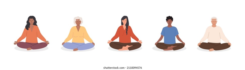 Set of diverse female and male people meditating and doing yoga breathing exercise. Elderly and young woman and man practicing meditation. Vector illustration characters isolated on white background.