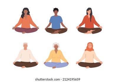 Set Of Diverse Female And Male People Meditating And Doing Yoga Breathing Exercise. Elderly And Young Woman And Man Practicing Meditation. Vector Illustration Characters Isolated On White Background.