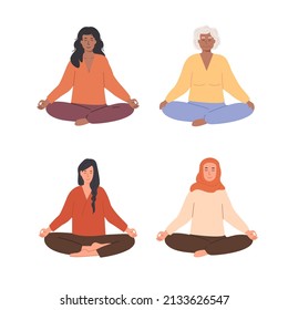 Set Of Diverse Female And Male People Meditating And Doing Yoga Breathing Exercise. Elderly And Young Woman And Man Practicing Meditation. Vector Illustration Characters Isolated On White Background.