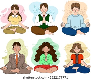 Set von verschiedenen weiblichen und männlichen Menschen meditieren und Yoga-Atemübung. Frau und Mann üben Meditation. Vektorgrafik, Zeichen einzeln auf weißem Hintergrund