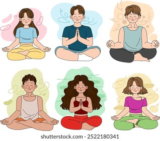 Set of diverse female and male people meditating and doing yoga breathing exercise. Woman and man practicing meditation. Vector illustration characters isolated on white background