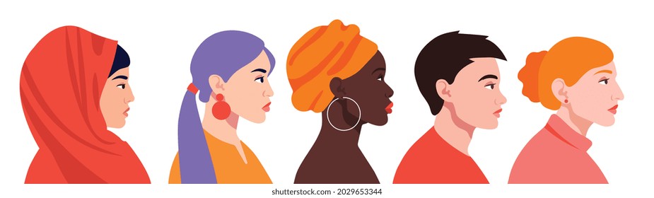 Set with diverse female profiles with different ethnicity and hairstyle on white background. Concept of female empowerment movement. Happy International Women s day. Flat cartoon vector illustration