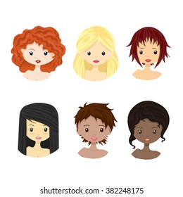 Set of diverse female woman girl avatars isolated on white background. Woman with different skin tones, hair colors, haircut. Beautiful girls in cute and simple flat cartoon style. Vector.