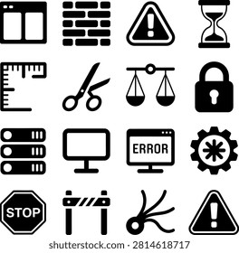 Set of diverse flat icons depicting technology warning signs and utility tools for digital projects and web design