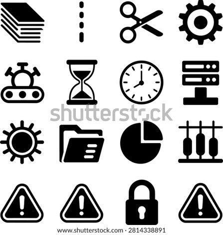 Set of diverse flat icons depicting technology workflow processes and system alerts with gears scissors and timers