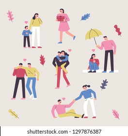 A set of diverse forms of people helping neighbors in need. flat design style minimal vector illustration 
