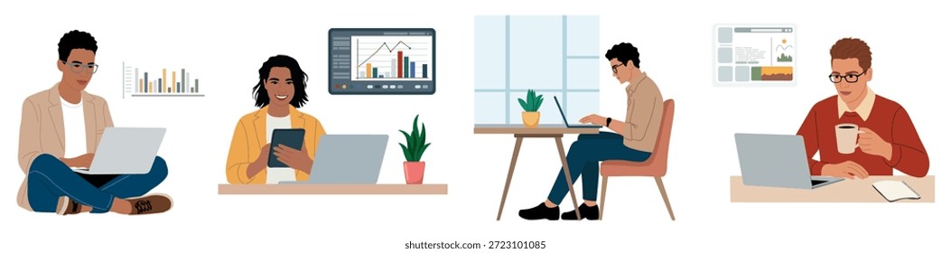 Conjunto de diversos freelancers trabalhando em notebooks em casa e em escritórios, representando o trabalho remoto e a produtividade digital. Ilustração de vetor plano isolada no plano de fundo branco