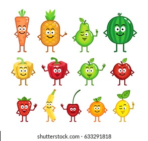 Set of diverse fruit and vegetable cartoon characters. Cheerful carrot, pineapple, apple, banana, strawberry, orange, lemon, watermelon, cherry and other characters. Simple style vector illustration