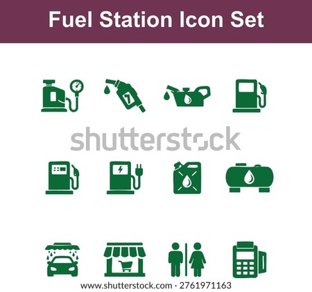 A set of diverse fuel station and car care service icons are isolated on a white background