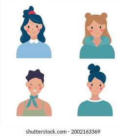 Set of diverse Girls vector illustration. Avatar for social network.  Joyful smiling girl illustration. Girls illustration isolated on white background.