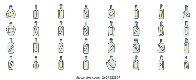 Set of diverse glass bottles containing rolled up paper messages, symbolizing communication, secrets, and maritime tradition