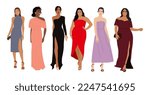 Set of diverse gorgeous girls wearing evening dress, formal gown for celebration, wedding, event, party. Pretty women different races and body types. Vector realistic illustration isolated on white.