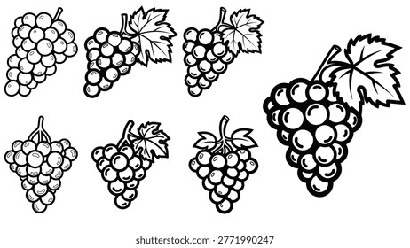 Set of diverse grape bunch illustrations with leaves. Perfect for food, drink, and natural product design elements.