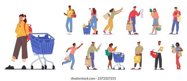 Set Diverse Group Of Male and Female Characters Happily Shopping For Groceries, Filling Their Carts With Fresh Produce In Modern Supermarket. Isolated People with Food. Cartoon Vector Illustration