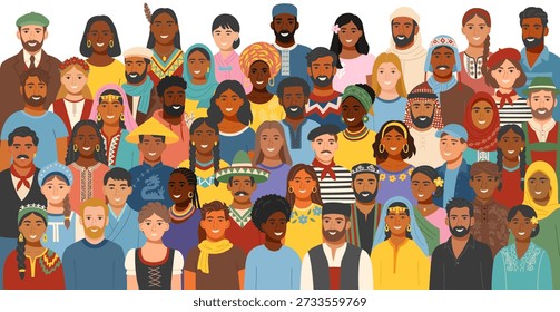Set of a diverse group of people from different cultures wearing traditional clothing. Concept of equality, cultural diversity, friendship, inclusion. Vector flat background.