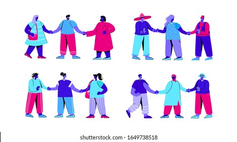Set of diverse groups of men and women standing together and holding hands. Bundle of people of different nationality or race. International friendship or community. Flat blue vector illustration.