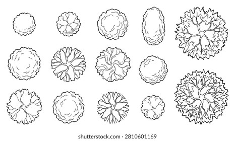 Set of diverse hand drawn tree and shrub symbols designed for architecture site plans and professional landscape design. Includes various circular canopy styles and organic shapes suitable for urban planning site layouts and master plan illustrations in a simple sketch aesthetic.