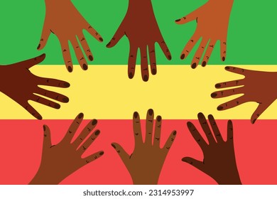 Set of diverse hand with a flag of green, yellow and red. Freedom day, Juneteenth, June 19