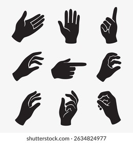 Set of Diverse Hand Gestures in Silhouette Style Vector Illustration for Design Elements Representing Communication Direction Interaction and Expressive Symbolism with Editable Graphics